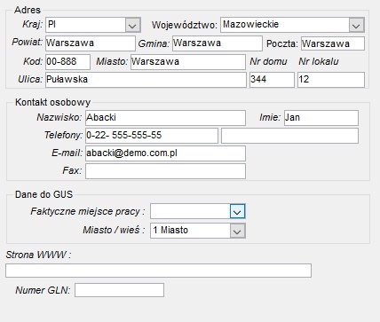 Struktura organizacyjna firmy - zakładka Adres
