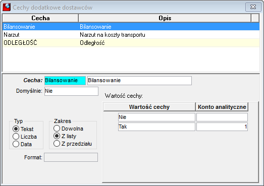 Okno Cechy dodatkowe dostawców