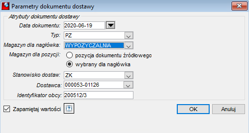 Parametry dokumentu dostawy