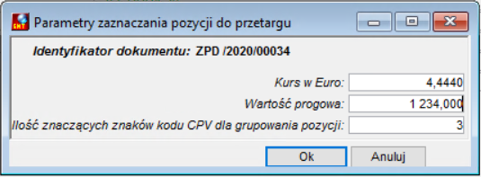 Okno Parametry zaznaczania pozycji do przetargu Okno Parametry zaznaczania pozycji do przetargu