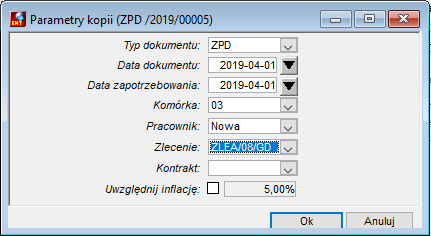 Okno Parametry kopii dokumentu