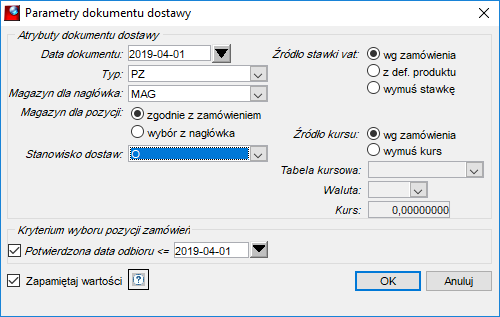 Parametry dokumentu dostawy