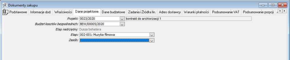 Dokument zakupu – zakładka Dane projektowe