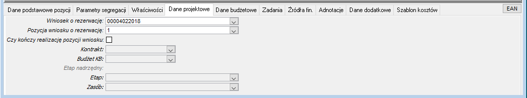 Dokument zakupu – zakładka Dane projektowe pozycji