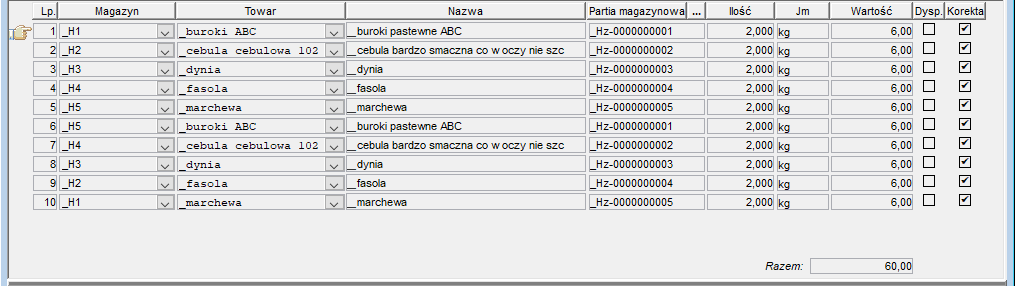 Dokument MM - lista pozycji dokumentu