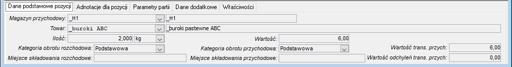 Dokument MM - zakładka Dane podstawowe pozycji