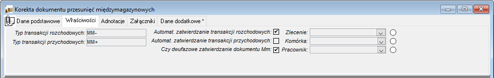 Dokument MM – zakładka Właściwości