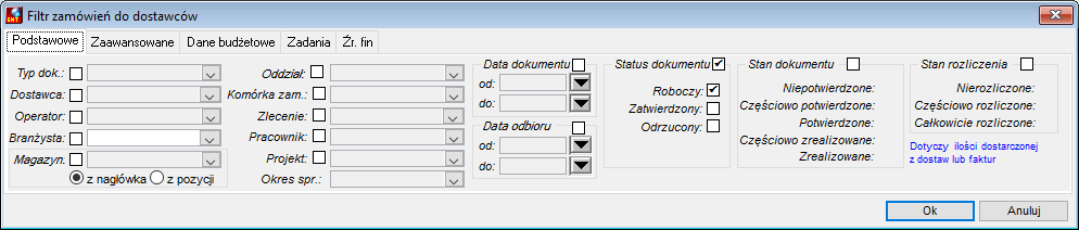 Filtr zamówień do dostawców Filtr zamówień do dostawców