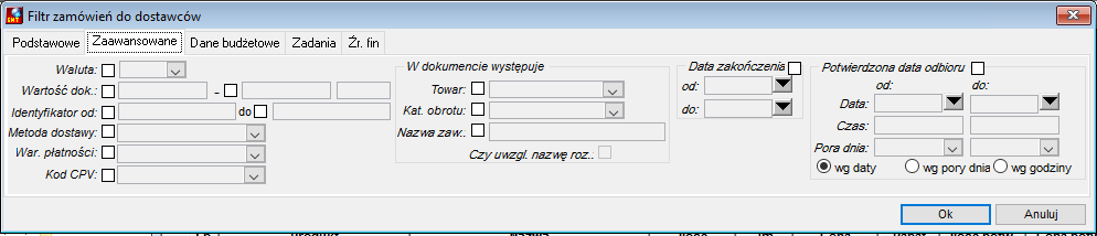 Filtr zamówień do dostawców - zakładka Zaawansowane Filtr zamówień do dostawców - zakładka Zaawansowane