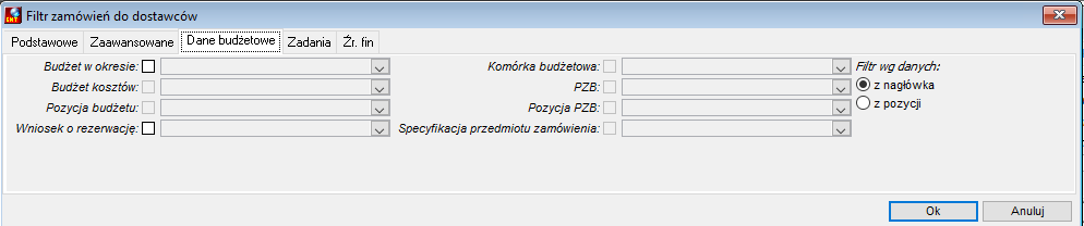 Filtr zamówień do dostawców - zakładka Dane budżetowe Filtr zamówień do dostawców - zakładka Dane budżetowe