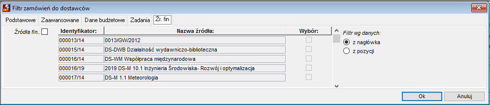 Filtr zamówień do dostawców - zakładka Źródła finansowania Filtr zamówień do dostawców - zakładka Źródła finansowania