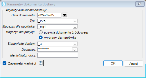 Parametry dokumentu dostawy Parametry dokumentu dostawy