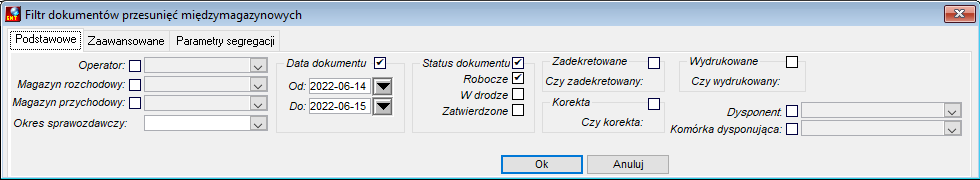 Filtr dokumentów przesunięć międzymagazynowych Filtr dokumentów przesunięć międzymagazynowych