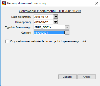 Okno Generowanie dokumentu finansowego Okno Generowanie dokumentu finansowego
