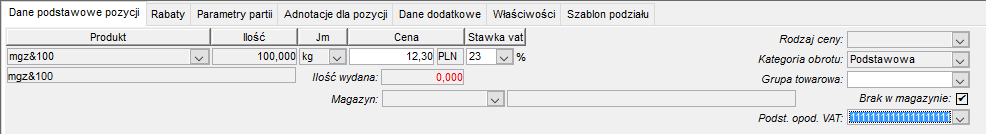 Dane podstawowe pozycji dokumentu sprzedaży