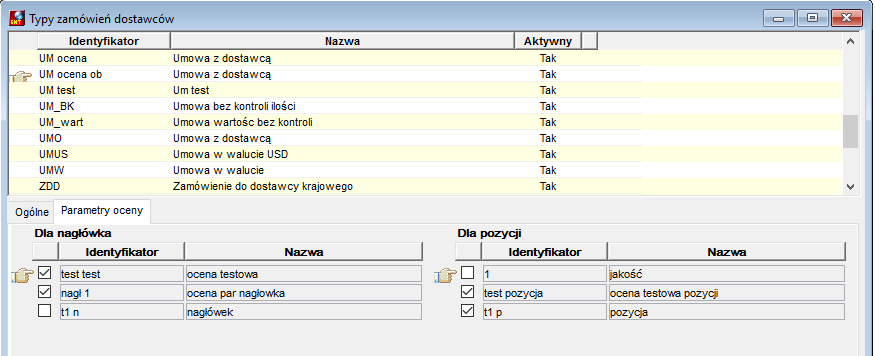 Zakładka Parametry oceny na typie dokumentu