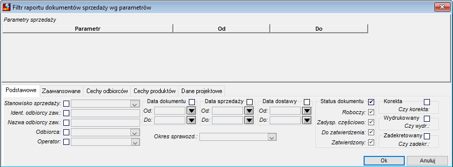 Filtr raportu dokumentów sprzedaży wg parametrów