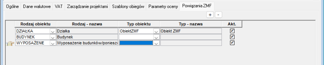 Typy dokumentów zakupu – Powiązania ZMF