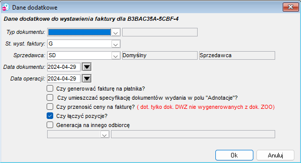 Parametry automatycznego generowania faktury z dokumentu wydania