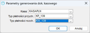 Parametry generowania dokumentu kasowego