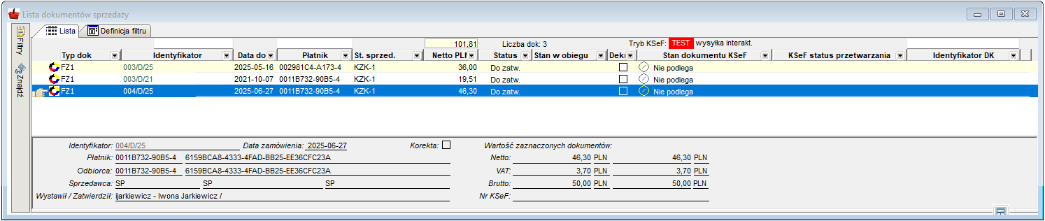Okno Lista dokumetów sprzedaży - faktury zaliczkowe