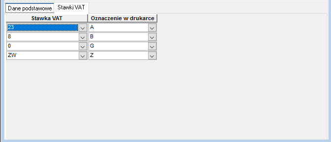 Zakładka Stawki VAT