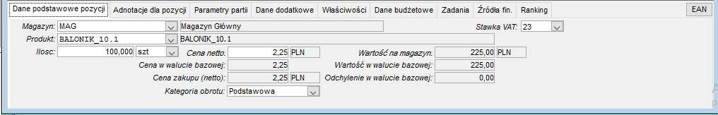 Dokument dostawy – zakładka Dane podstawowe pozycji