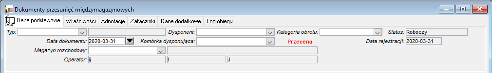 Parametry dokumentu przesunięć międzymagazynowych
