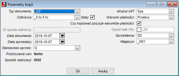 Parametry kopii dokumentu sprzedaży Parametry kopii dokumentu sprzedaży