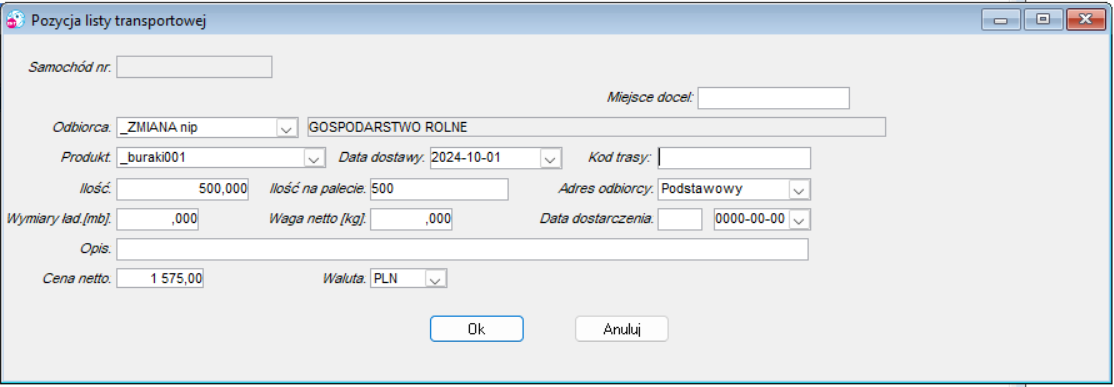 Okno Pozycja listy transportowej
