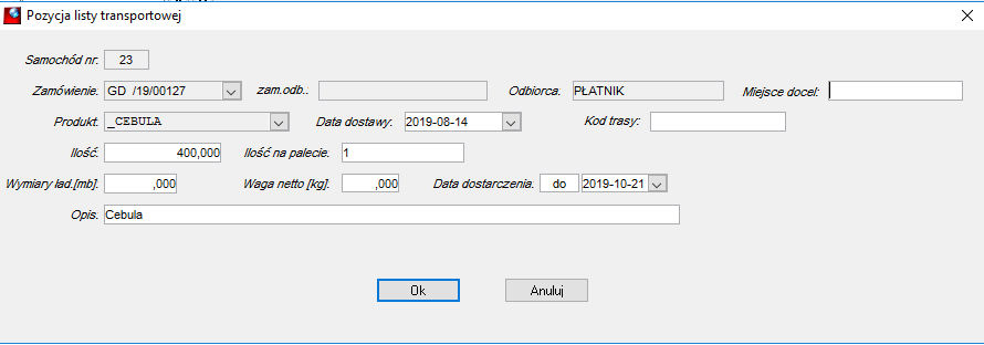 Pozycja na liście transportowej