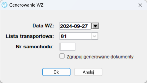 Okno Generowanie WZ (dokumentu wydania zewnętrznego)