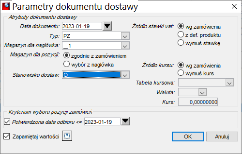 Generuj dostawę – Parametry dokumentu dostawy Generuj dostawę – Parametry dokumentu dostawy