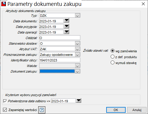 Generuj fakturę – Parametry dokumentu zakupu Generuj fakturę – Parametry dokumentu zakupu