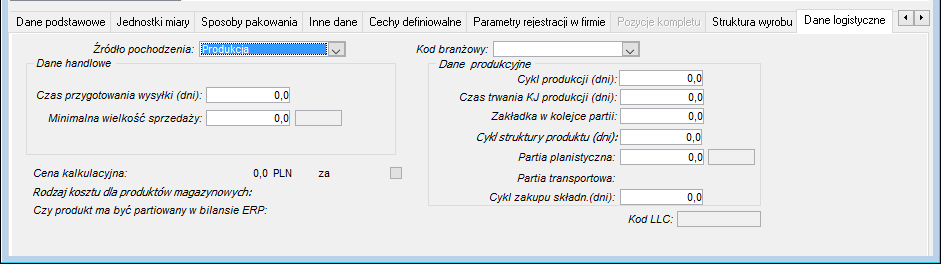 Produkty - zakładka Dane logistyczne Produkty - zakładka Dane logistyczne