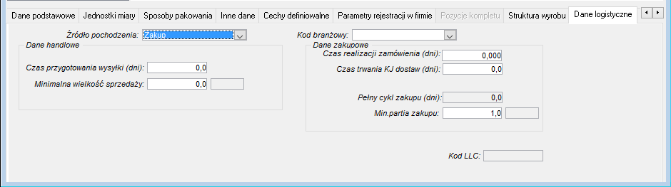 Produkt - zakładka Dane logistyczne, zakup Produkt - zakładka Dane logistyczne, zakup
