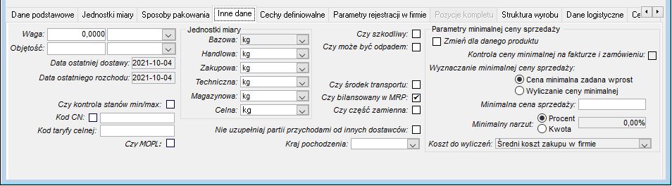 Produkt - zakładka Inne dane Produkt - zakładka Inne dane