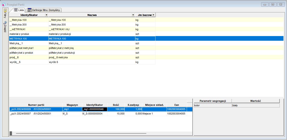 Parametry segregacji partii Parametry segregacji partii