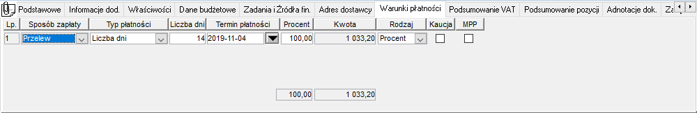 Dokument zakupu – zakładka Warunki płatności