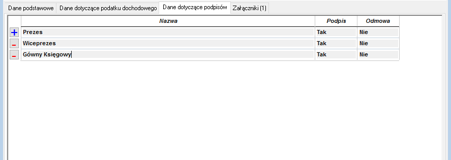 Zakładka Dane dotyczące podpisów Zakładka Dane dotyczące podpisów