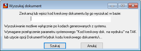 Okno Wyszukiwania dokumentu na podstaie kodu kreskowego