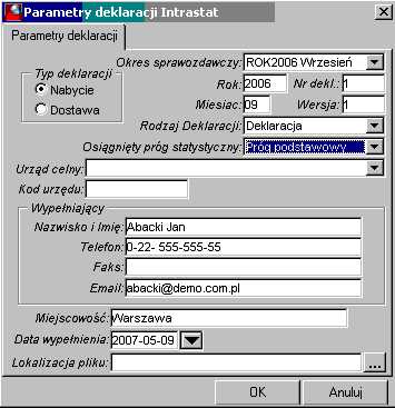 Parametry deklaracji Intrastat Parametry deklaracji Intrastat