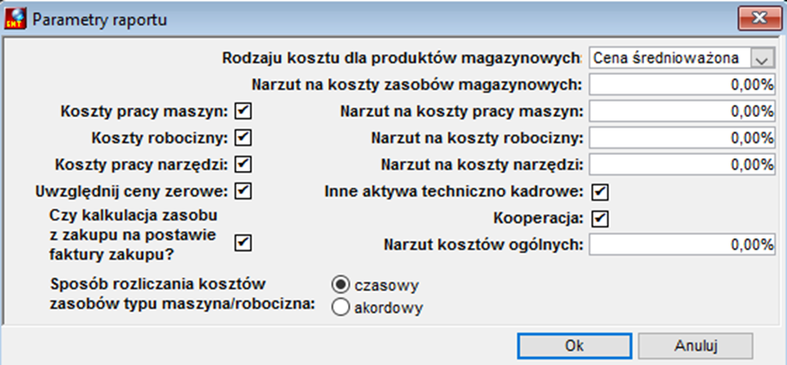 Parametry raportu kalkulacji kosztów zlecenia