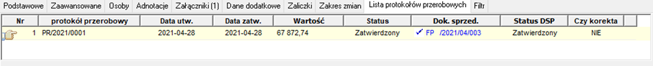 Lista protokołów przerobowych powiązanych z harmonogramem