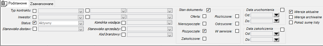 Filtr podstawowy na oknie Kontrakty/Projekty