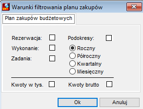 Filtr na raporcie Plan zakupów budżetowych