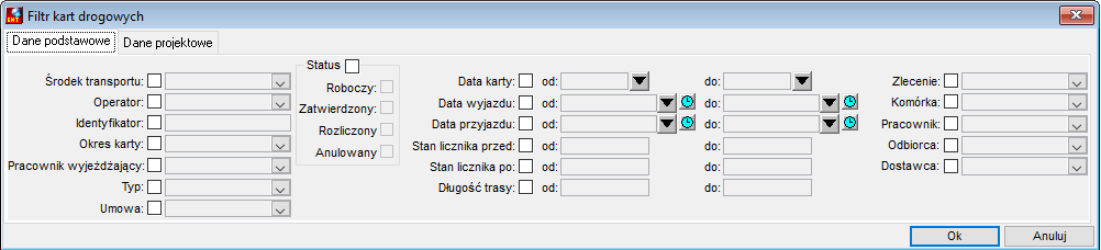 Definicja filtru przy wydruku kart drogowych