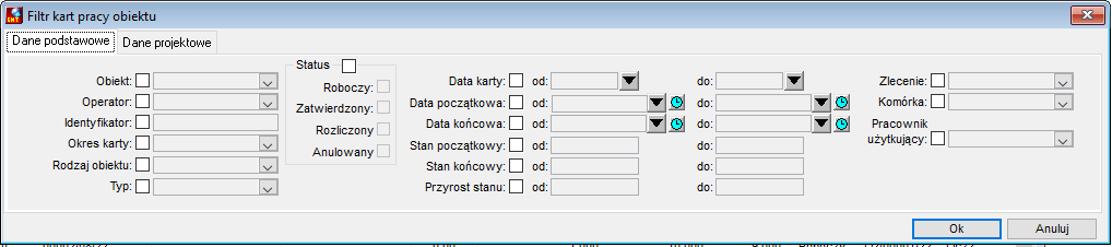 Definicja filtru przy wydruku listy kart pracy obiektu Definicja filtru przy wydruku listy kart pracy obiektu