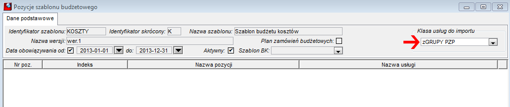 Pozycje szablonu budżetowego