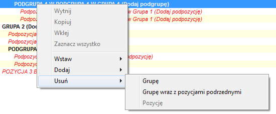 Menu kontekstowe – usuwanie Grupy